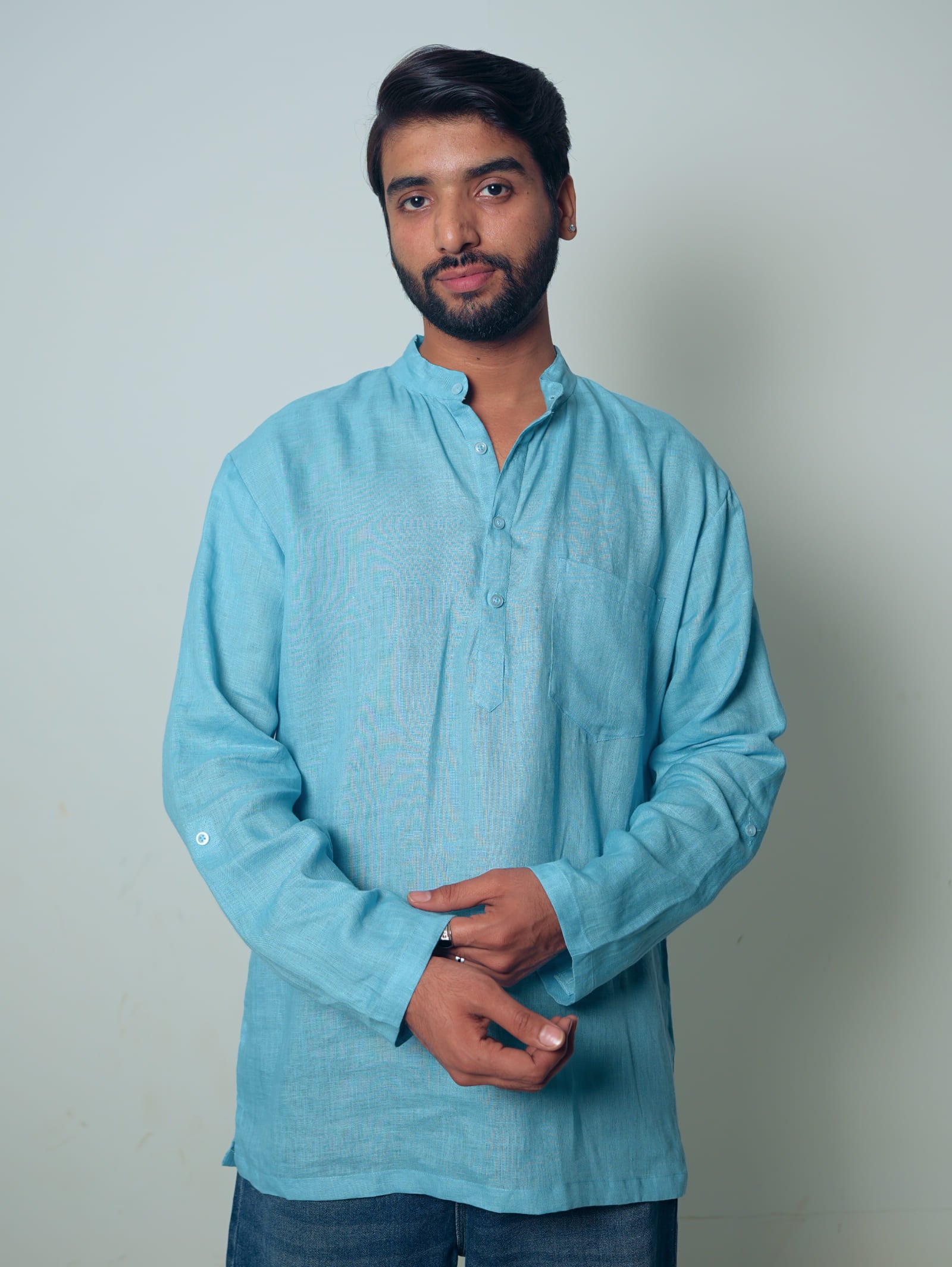 Aasmani light blue premium linen short kurta by Mr.Saa (Mr.सा)