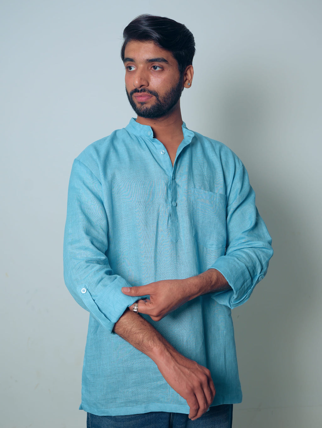 Aasmani light blue premium linen short kurta by Mr.Saa (Mr.सा)