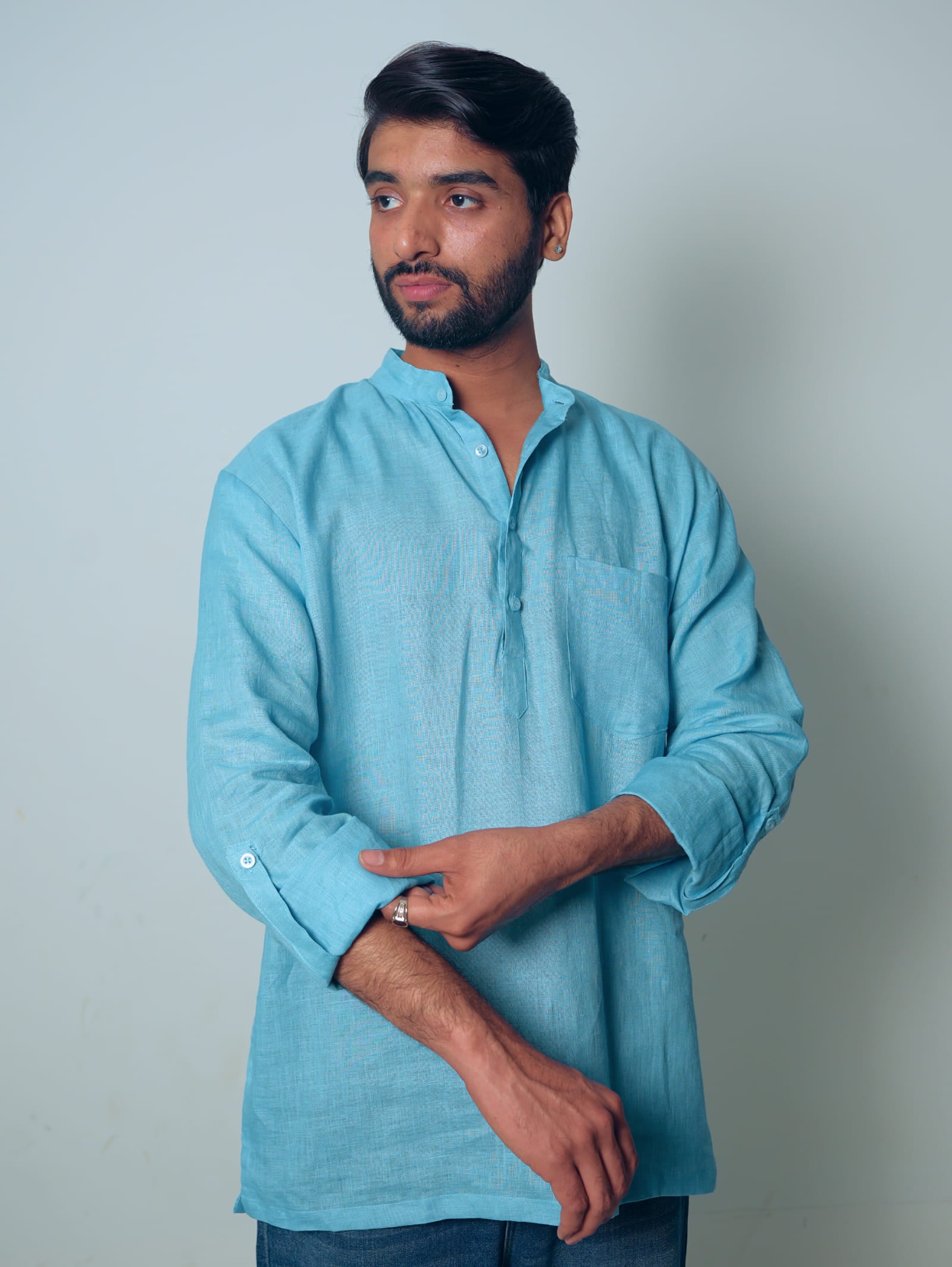 Aasmani light blue premium linen short kurta by Mr.Saa (Mr.सा)