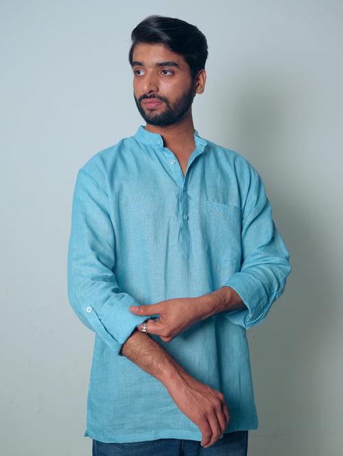 Aasmani light blue premium linen short kurta by Mr.Saa (Mr.सा)