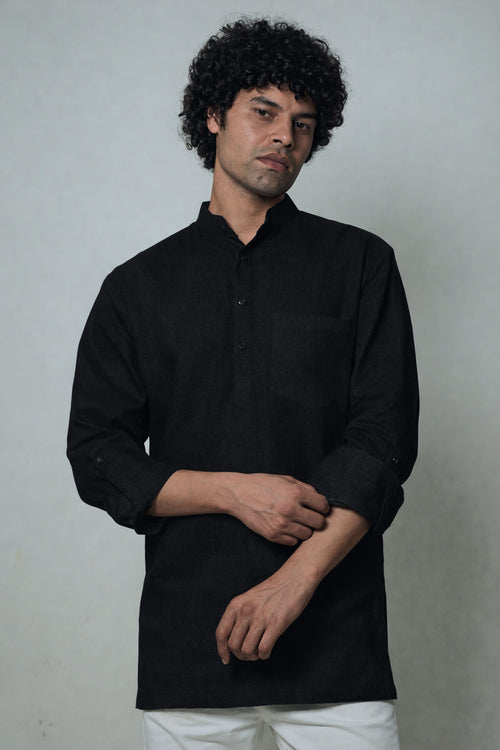 अमा (Ama) - Men Rich Black Premium Linen Short Kurta