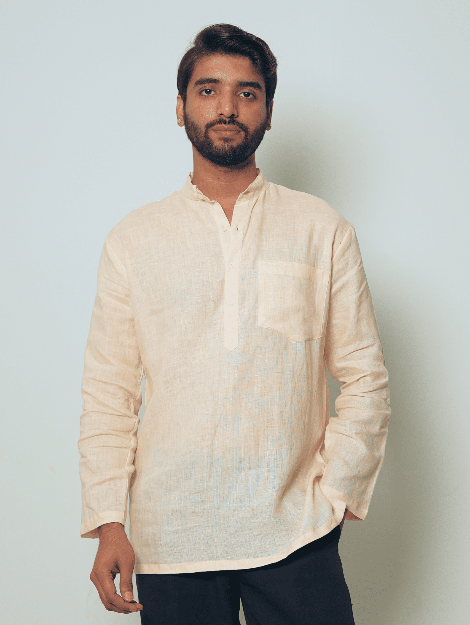 Bhor light peach premium linen short kurta by Mr.Saa (Mr.सा)