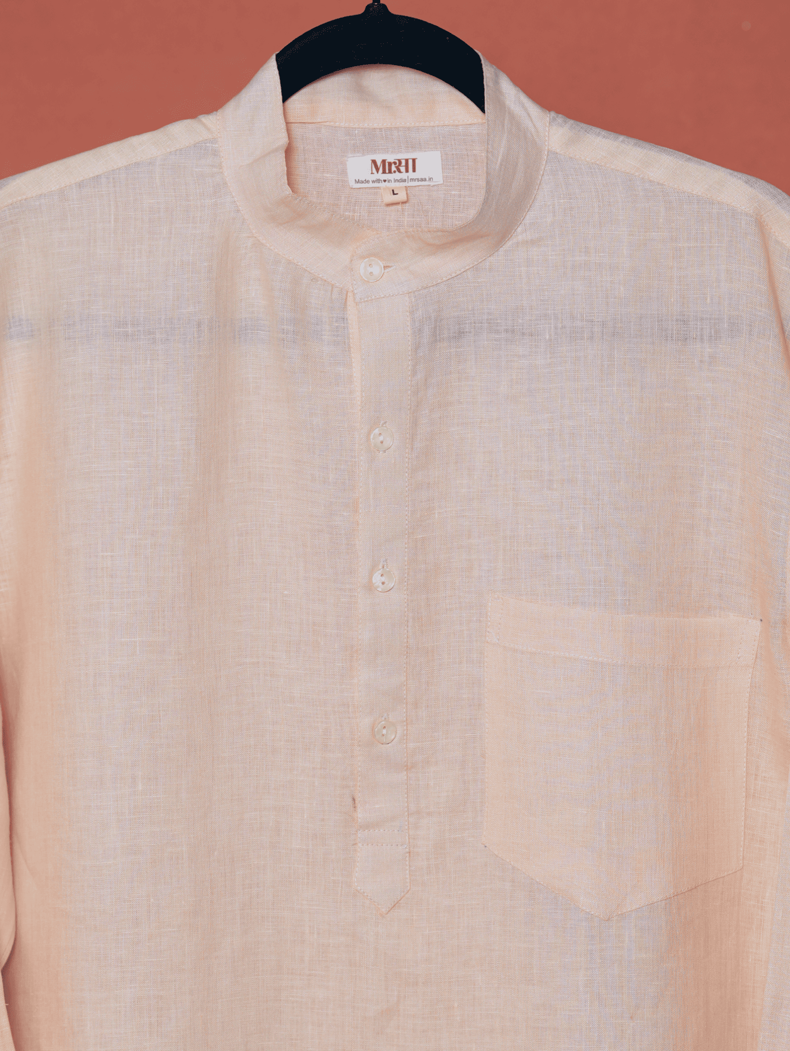 Bhor light peach premium linen short kurta by Mr.Saa (Mr.सा)