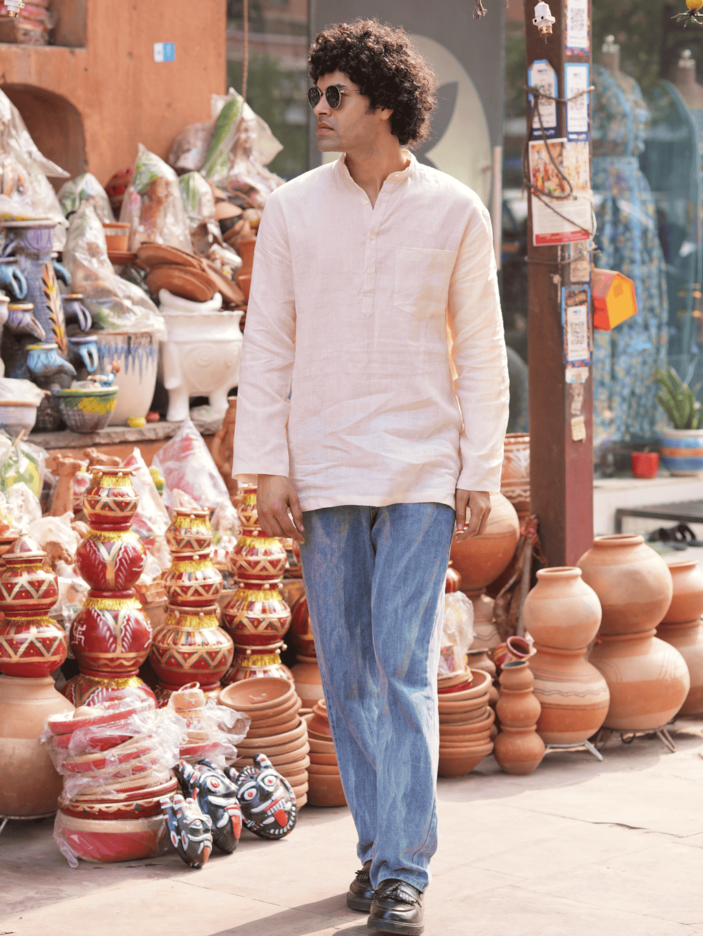 Bhor light peach premium linen short kurta by Mr.Saa (Mr.सा)