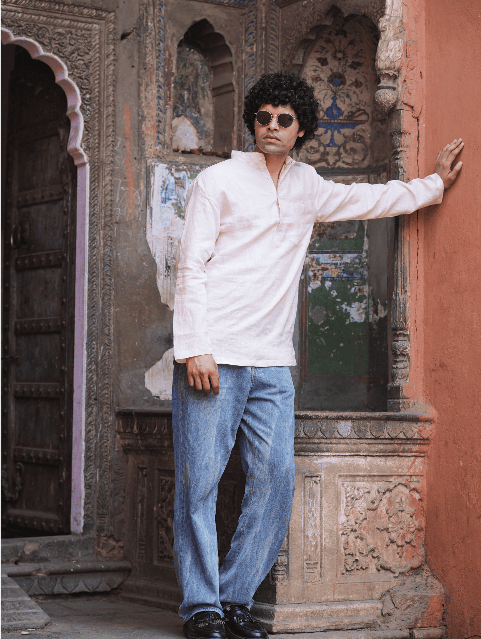 Bhor light peach premium linen short kurta by Mr.Saa (Mr.सा)