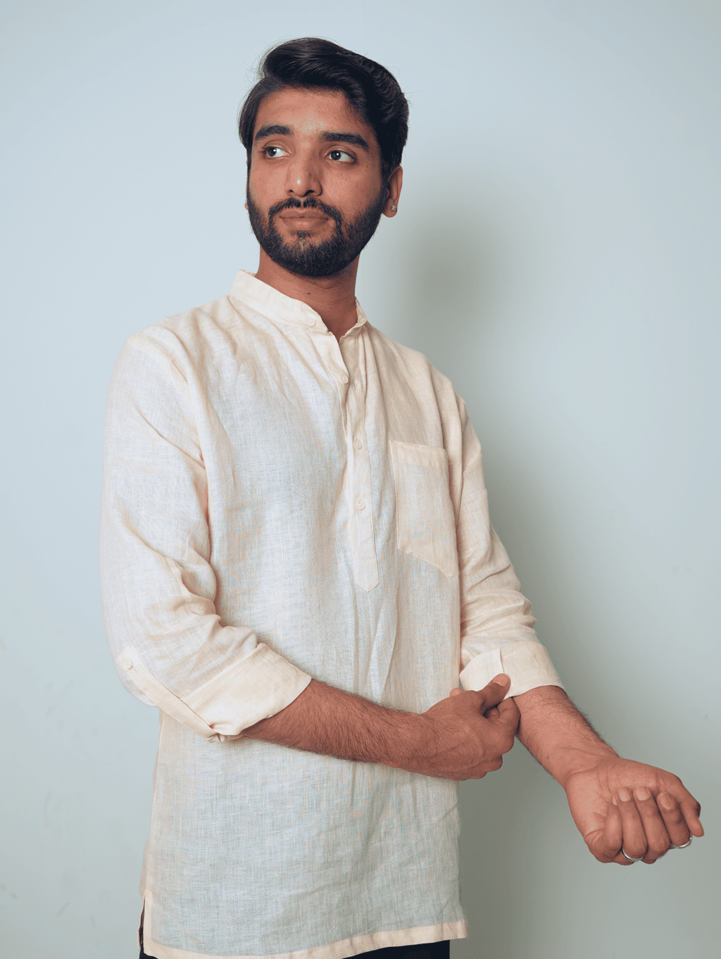 Bhor light peach premium linen short kurta by Mr.Saa (Mr.सा)
