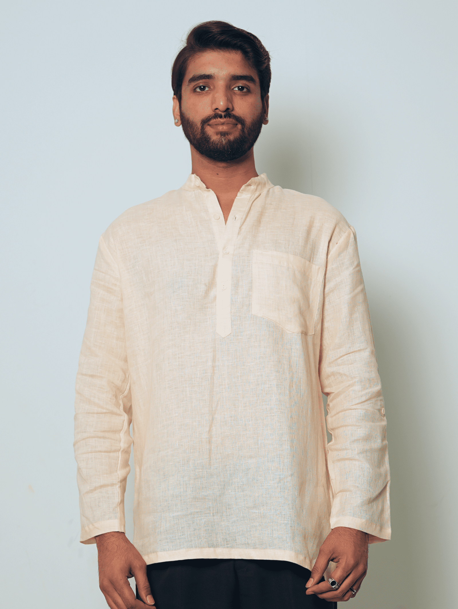 Bhor light peach premium linen short kurta by Mr.Saa (Mr.सा)