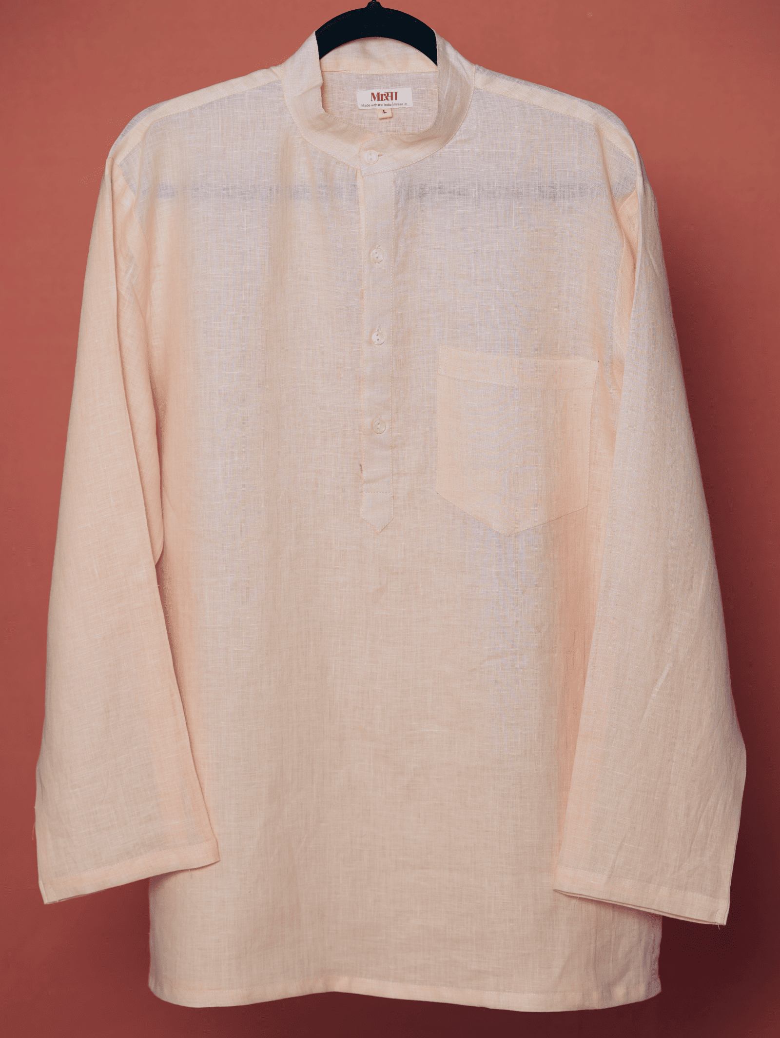 Bhor light peach premium linen short kurta by Mr.Saa (Mr.सा)