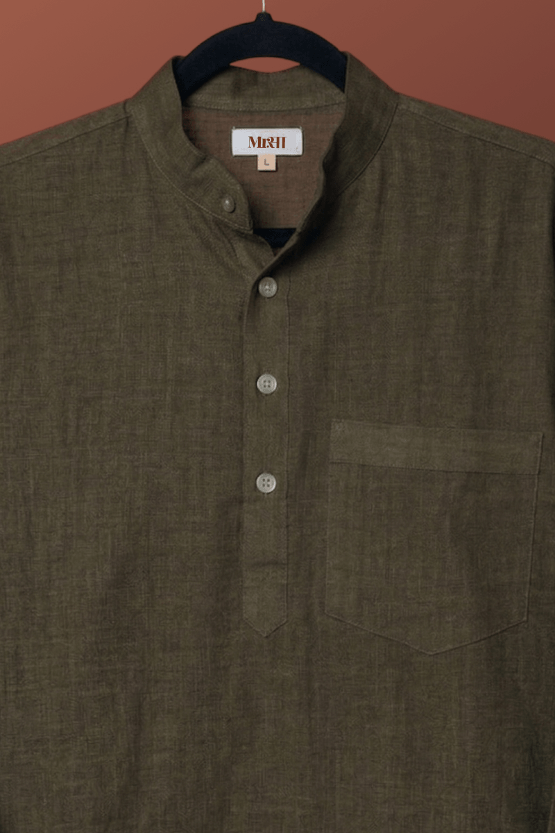 Heena olive green premium linen short kurta by Mr.Saa (Mr.सा)