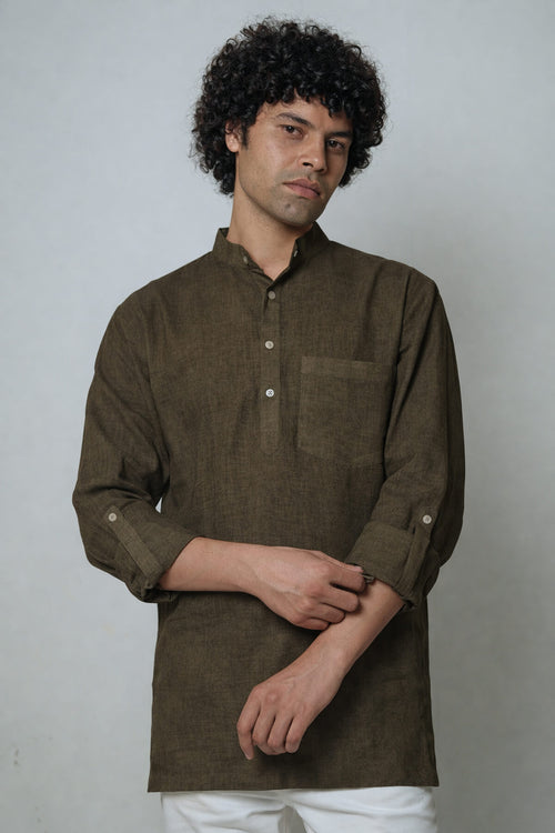 Heena olive green premium linen short kurta by Mr.Saa (Mr.सा)