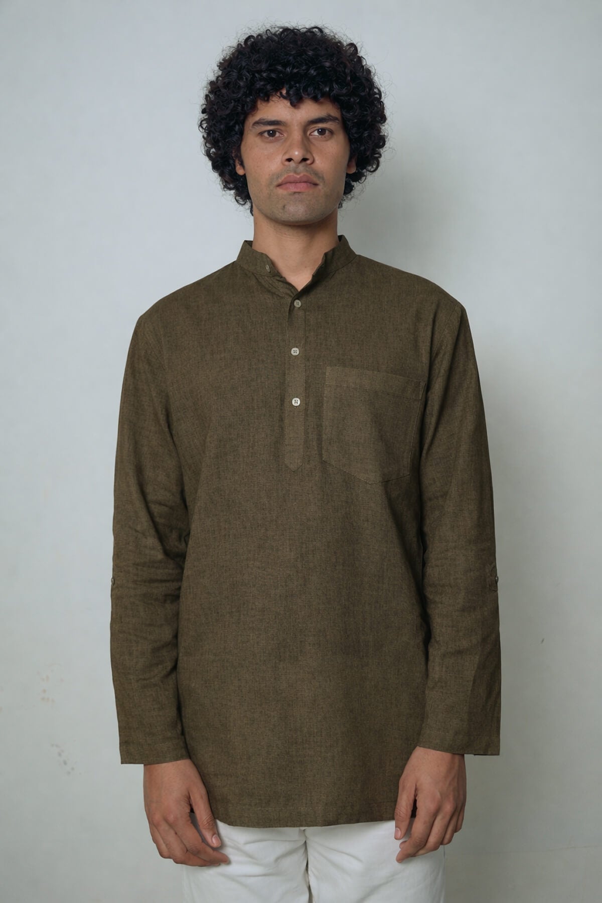 Heena olive green premium linen short kurta by Mr.Saa (Mr.सा)