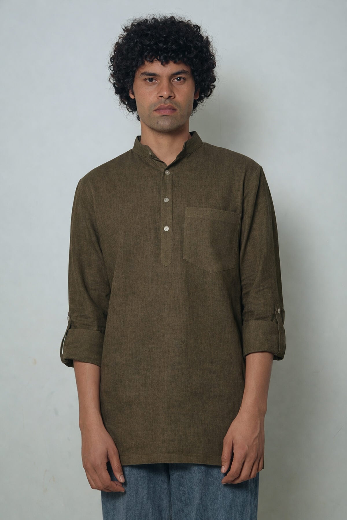 Heena olive green premium linen short kurta by Mr.Saa (Mr.सा)