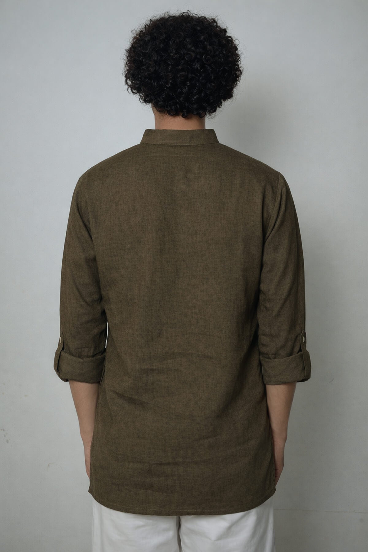 Heena olive green premium linen short kurta by Mr.Saa (Mr.सा)