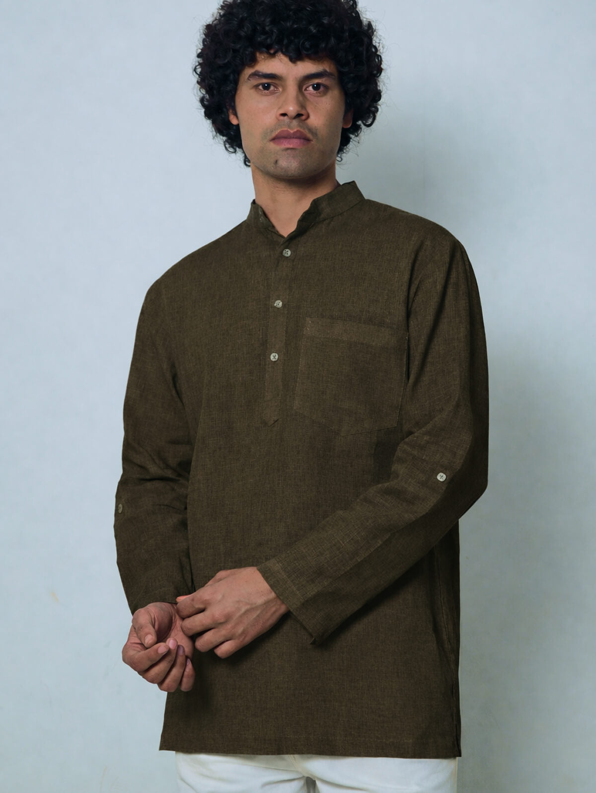 हीना (Henna) - Men Olive Green Premium Linen Short Kurta
