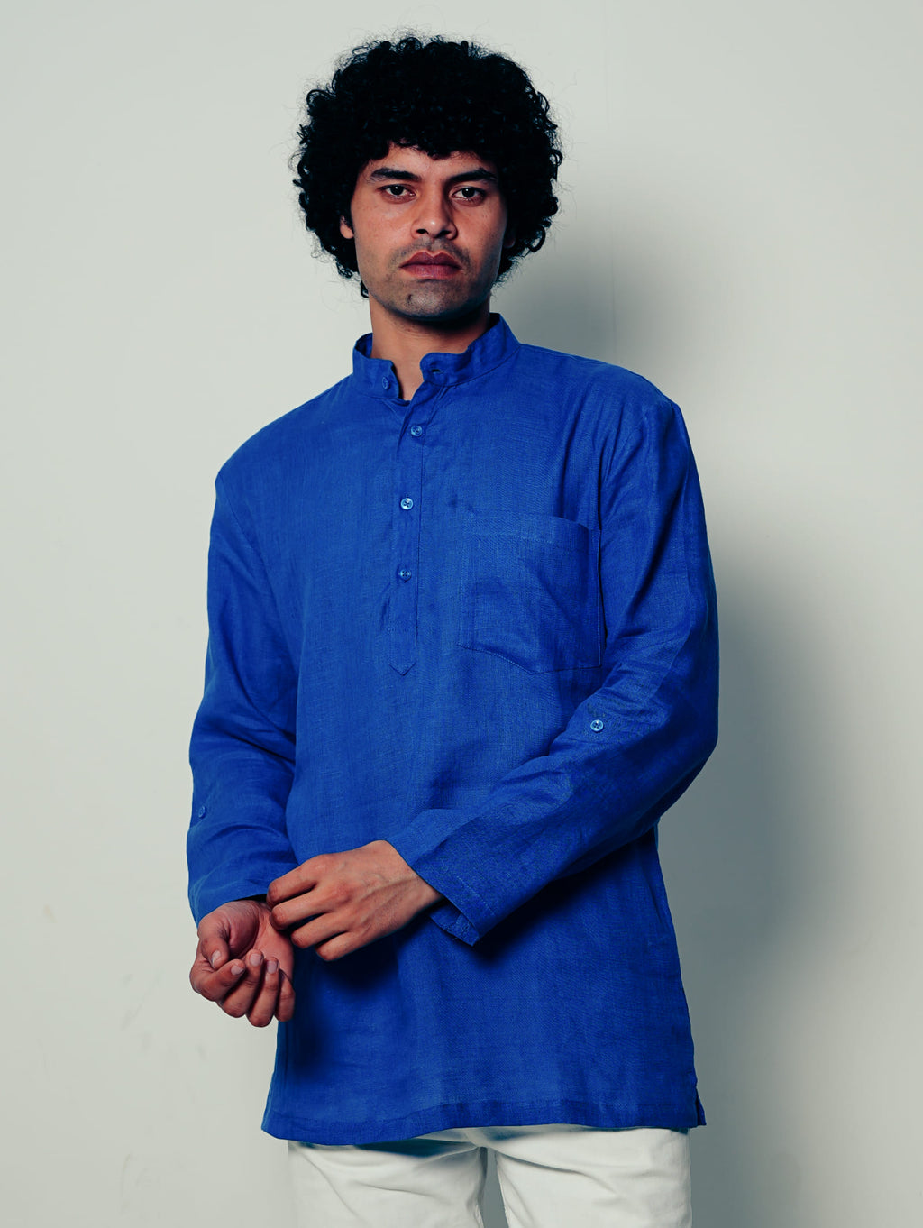 Mor Pankhi peacock blue premium linen short kurta by Mr.Saa (Mr.सा)