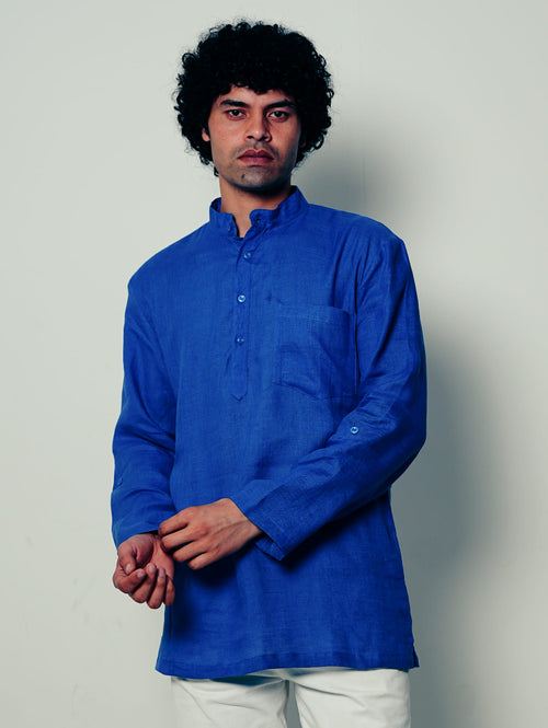Mor Pankhi peacock blue premium linen short kurta by Mr.Saa (Mr.सा)