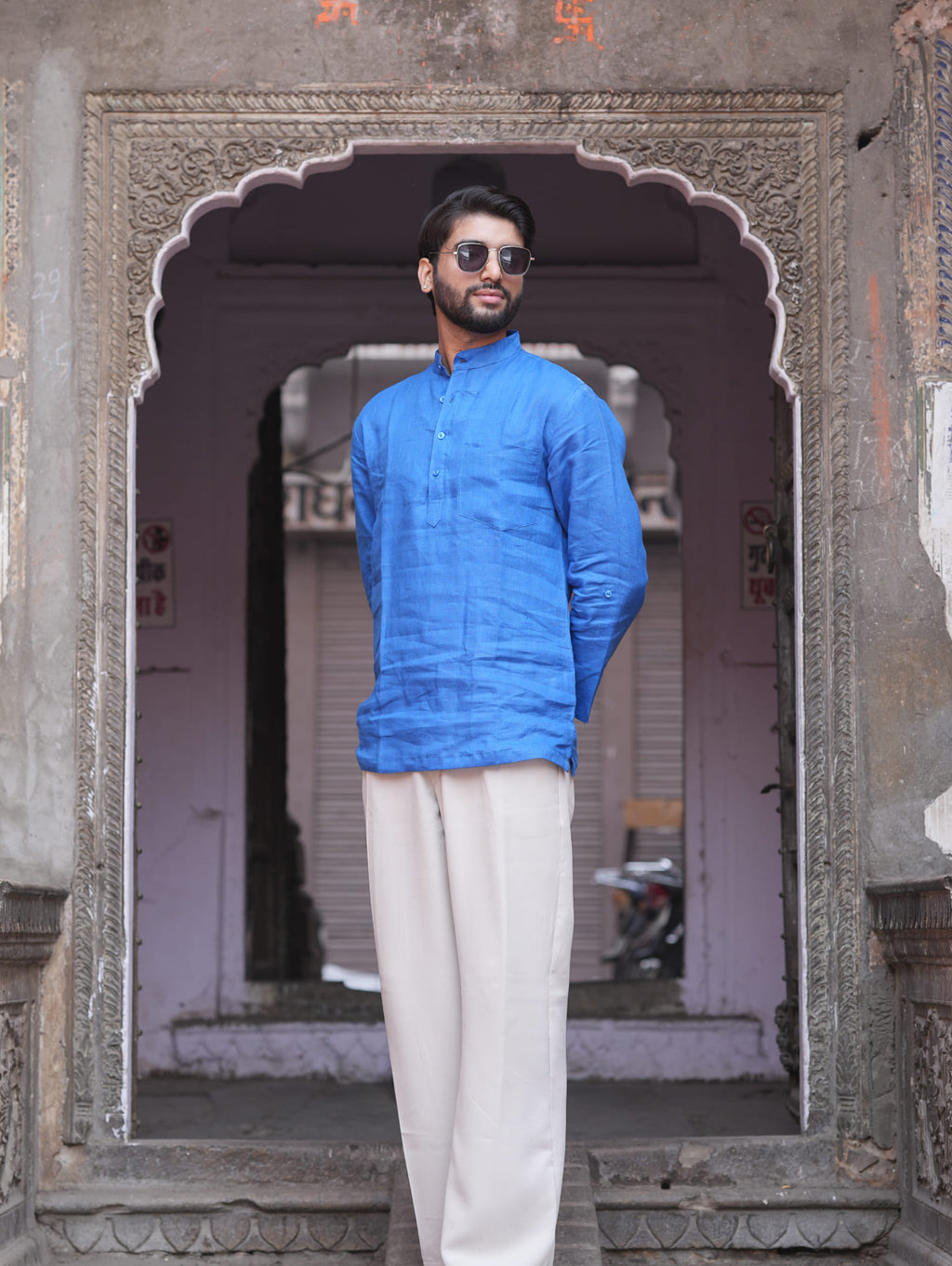 Mor Pankhi peacock blue premium linen short kurta by Mr.Saa (Mr.सा)