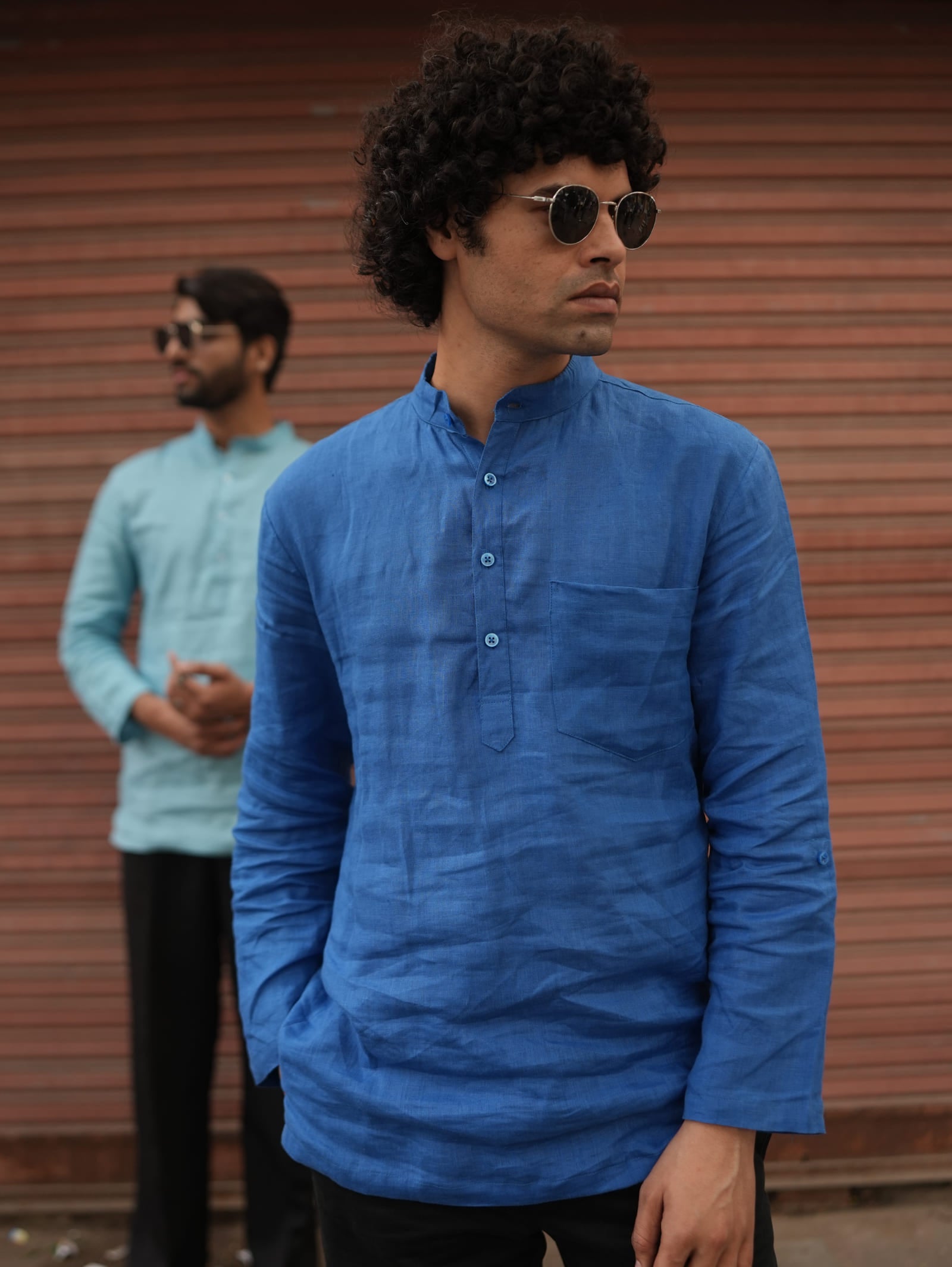 Mor Pankhi peacock blue premium linen short kurta by Mr.Saa (Mr.सा)