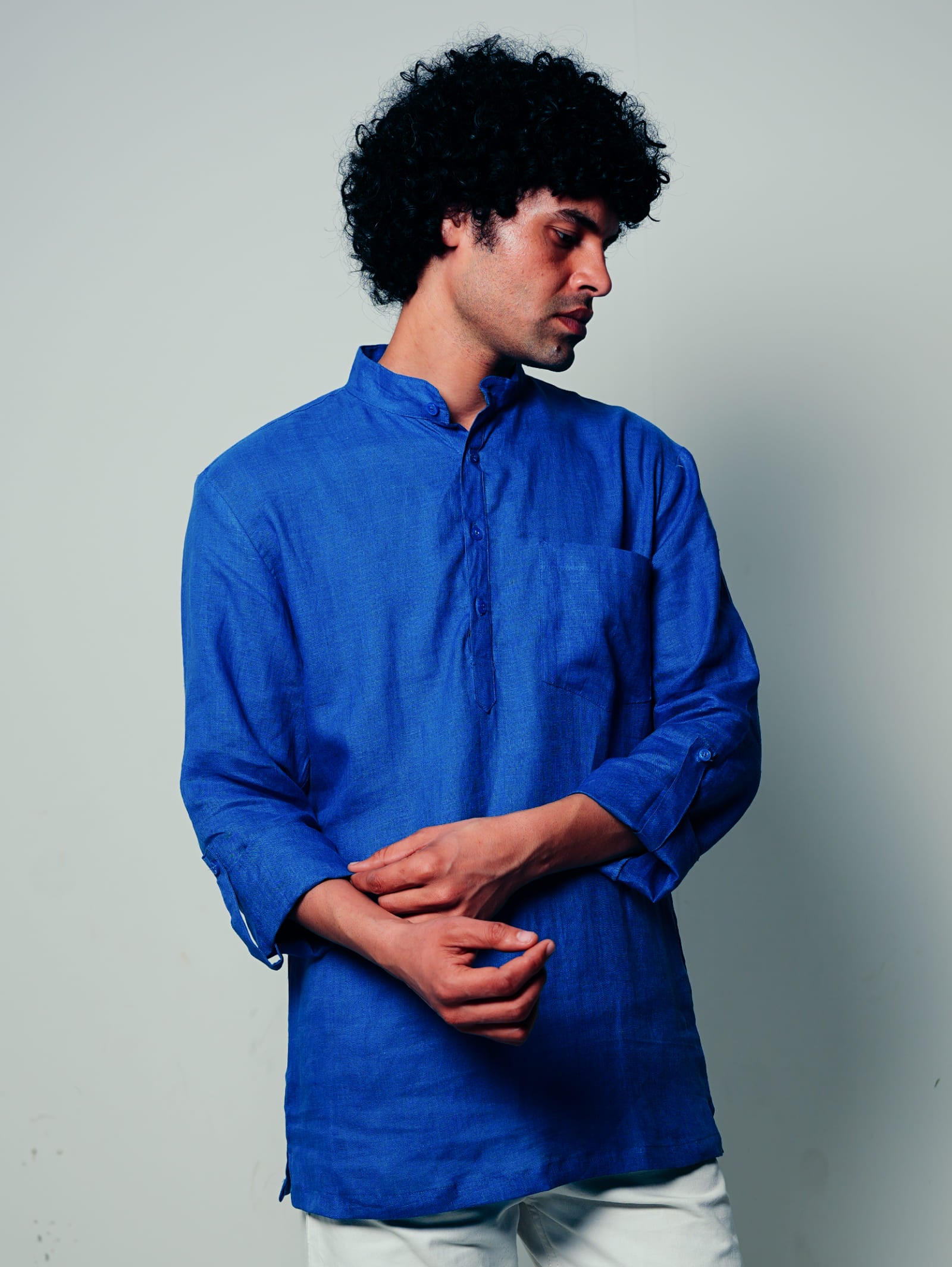 Mor Pankhi peacock blue premium linen short kurta by Mr.Saa (Mr.सा)