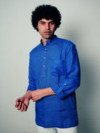 Mor Pankhi peacock blue premium linen short kurta by Mr.Saa (Mr.सा)