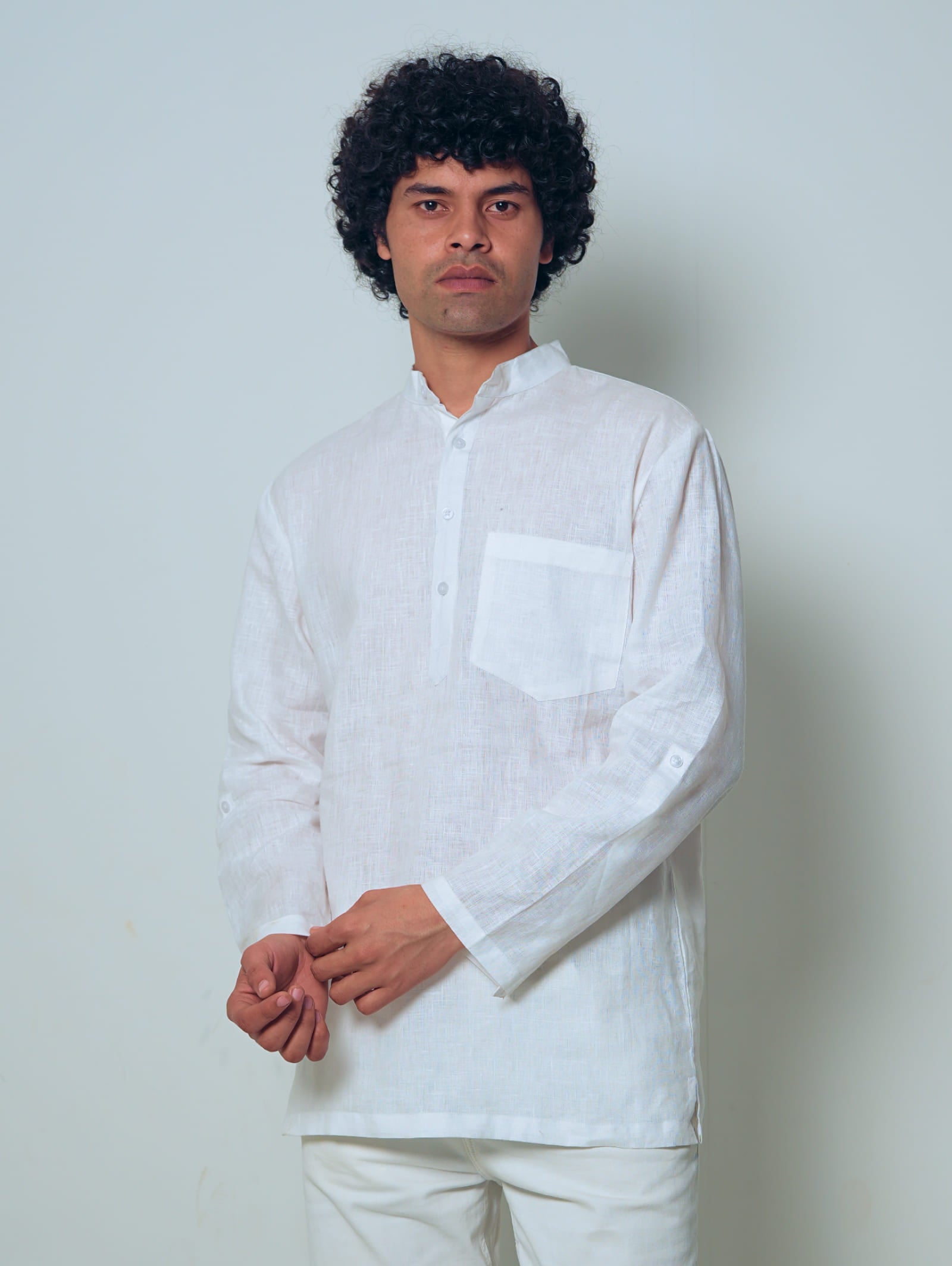 Sadabahar white premium linen short kurta by Mr.Saa (Mr.सा)