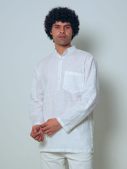 Sadabahar white premium linen short kurta by Mr.Saa (Mr.सा)