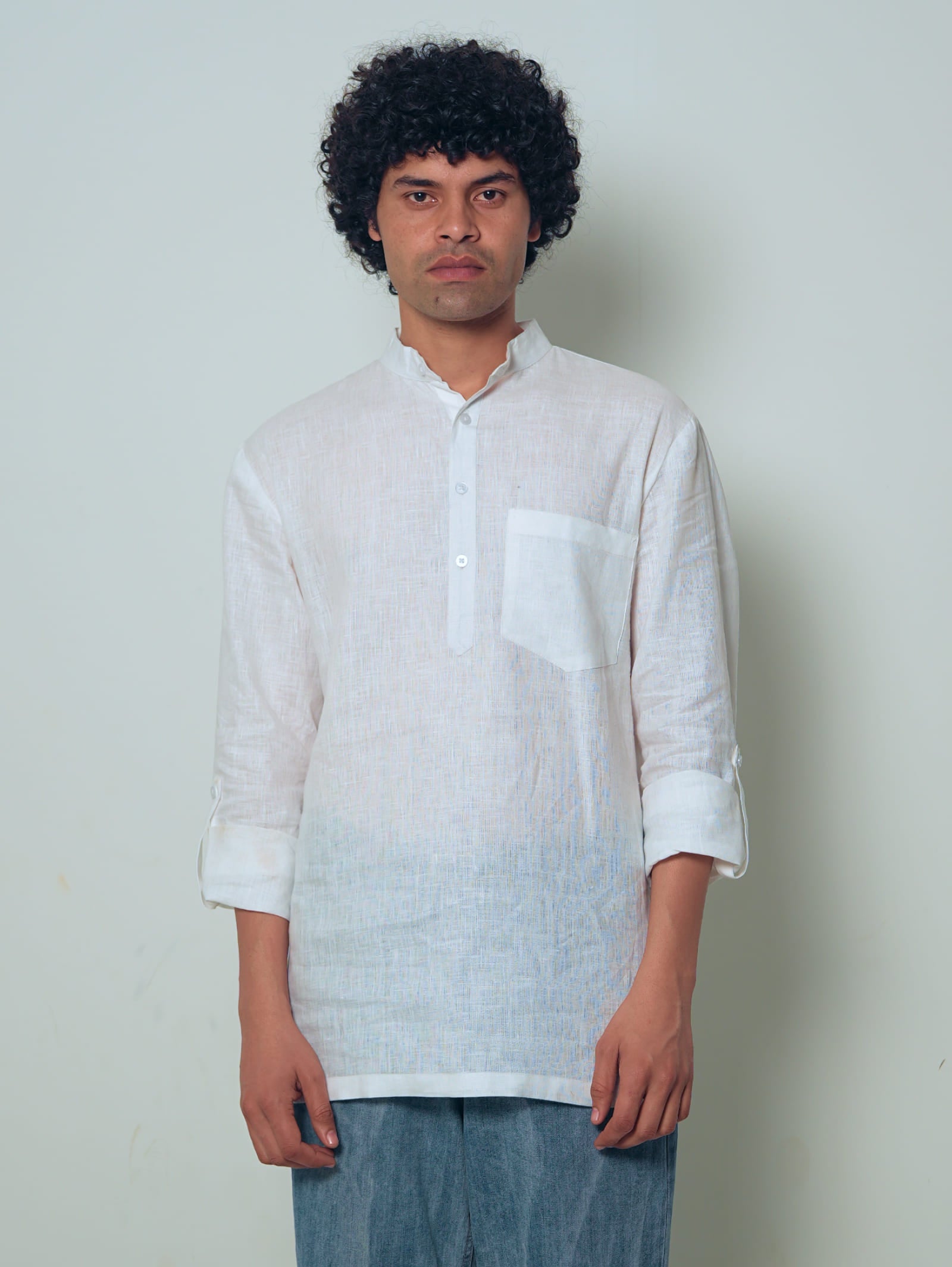 Sadabahar white premium linen short kurta by Mr.Saa (Mr.सा)